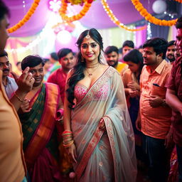 An Indian bride wearing a stunning transparent saree that highlights her big cleavage, complemented by a stylish strapless bikini underneath