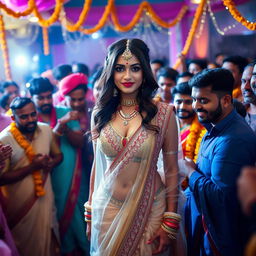 An Indian bride wearing a stunning transparent saree that highlights her big cleavage, complemented by a stylish strapless bikini underneath