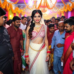 An Indian bride wearing a stunning transparent saree that highlights her big cleavage, complemented by a stylish strapless bikini underneath