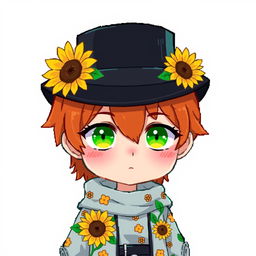 A ginger-haired boy, 16 years old, with a black top hat covering half of his head