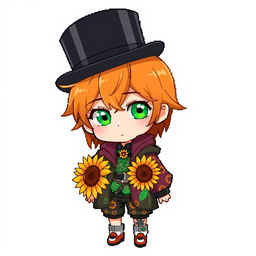 A ginger-haired boy, 16 years old, with a black top hat covering half of his head