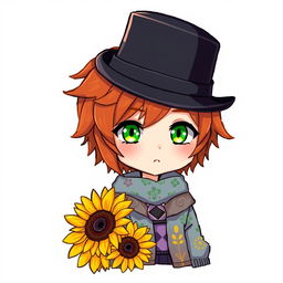 A ginger-haired boy, 16 years old, with a black top hat covering half of his head