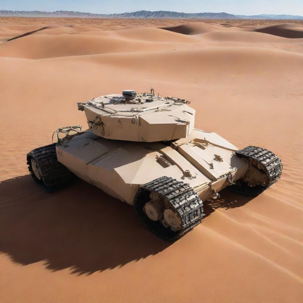 A desert-colored tank, designed with six robotic spider-like legs instead of traditional tracks.