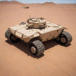 A desert-colored tank, designed with six robotic spider-like legs instead of traditional tracks.