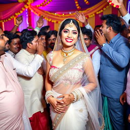 An Indian bride wearing a revealing transparent saree that accentuates her big cleavage, paired with a stylish strapless blouse and a tight-fitting saree, surrounded by a lively crowd of male Indian guests at a colorful and exuberant cheap Indian wedding