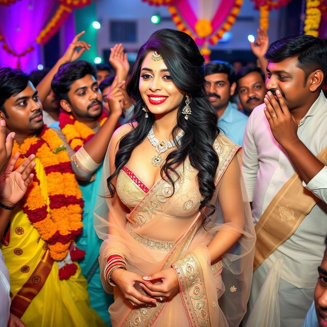 An Indian bride wearing a revealing transparent saree that accentuates her big cleavage, paired with a stylish strapless blouse and a tight-fitting saree, surrounded by a lively crowd of male Indian guests at a colorful and exuberant cheap Indian wedding