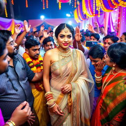 An Indian bride wearing a revealing transparent saree that accentuates her big cleavage, paired with a stylish strapless blouse and a tight-fitting saree, surrounded by a lively crowd of male Indian guests at a colorful and exuberant cheap Indian wedding