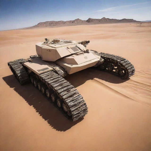 A desert-colored tank, designed with six robotic spider-like legs instead of traditional tracks.