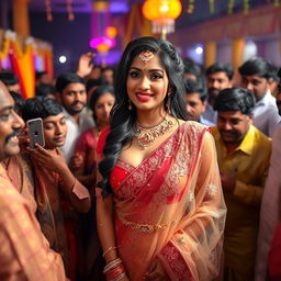 An Indian bride adorned in a stunning transparent saree that beautifully highlights her big cleavage, paired with a stylish strapless blouse