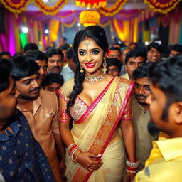 An Indian bride adorned in a stunning transparent saree that beautifully highlights her big cleavage, paired with a stylish strapless blouse