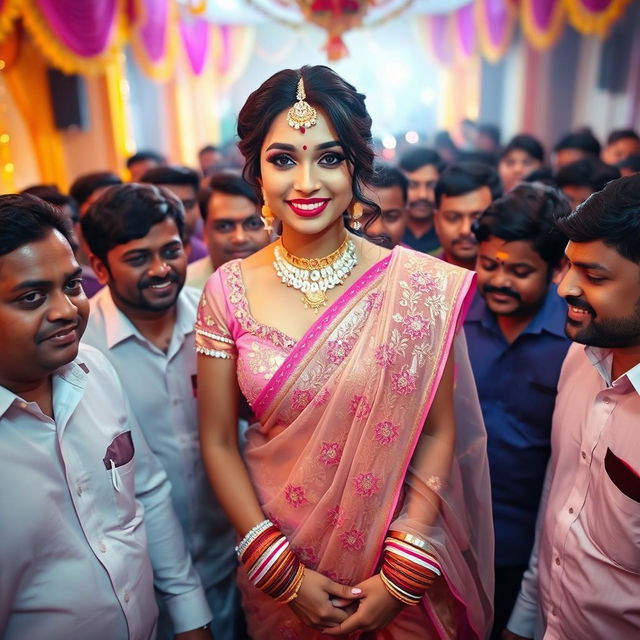 An Indian bride adorned in a stunning transparent saree that beautifully highlights her big cleavage, paired with a stylish strapless blouse