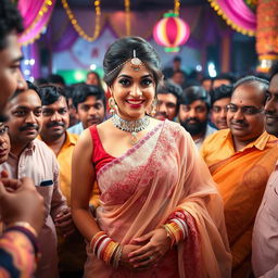 An Indian bride adorned in a stunning transparent saree that beautifully highlights her big cleavage, paired with a stylish strapless blouse