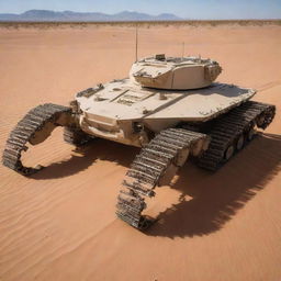 A desert-colored tank, designed with six robotic spider-like legs instead of traditional tracks.