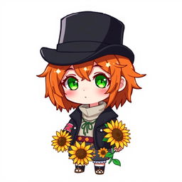 A ginger-haired boy, 16 years old, with a black top hat covering half of his head