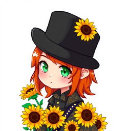 A ginger-haired boy, 16 years old, with a black top hat covering half of his head