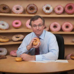 Part two of 'The Chronicles of Donut Dave' in a whimsical style, displaying Dave, a donut enthusiast, making a decision to become a 'businessman'