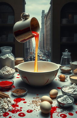 A captivating scene depicting a beautifully set table filled with various baking ingredients such as flour, sugar, eggs, and spices, interspersed with splatters of vivid red blood that evoke a sense of mystery