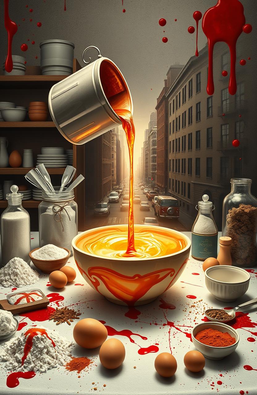 A captivating scene depicting a beautifully set table filled with various baking ingredients such as flour, sugar, eggs, and spices, interspersed with splatters of vivid red blood that evoke a sense of mystery