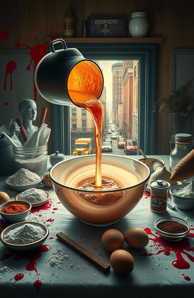 A captivating scene depicting a beautifully set table filled with various baking ingredients such as flour, sugar, eggs, and spices, interspersed with splatters of vivid red blood that evoke a sense of mystery