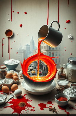 A captivating scene depicting a beautifully set table filled with various baking ingredients such as flour, sugar, eggs, and spices, interspersed with splatters of vivid red blood that evoke a sense of mystery