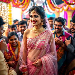 An Indian bride dressed in a beautiful transparent saree that elegantly showcases her strapless bikini and accentuates her big cleavage