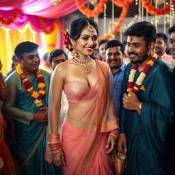 An Indian bride dressed in a beautiful transparent saree that elegantly showcases her strapless bikini and accentuates her big cleavage