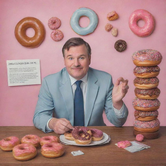 Part two of 'The Chronicles of Donut Dave' in a whimsical style, displaying Dave, a donut enthusiast, making a decision to become a 'businessman'