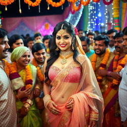 An Indian bride dressed in a beautiful transparent saree that elegantly showcases her strapless bikini and accentuates her big cleavage