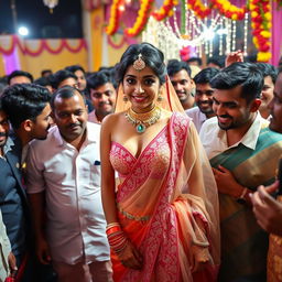 An Indian bride dressed in a beautiful transparent saree that elegantly showcases her strapless bikini and accentuates her big cleavage