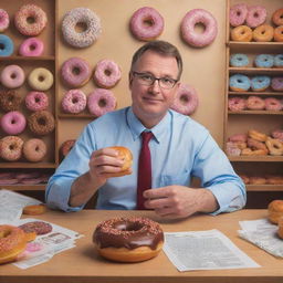 Part two of 'The Chronicles of Donut Dave' in a whimsical style, displaying Dave, a donut enthusiast, making a decision to become a 'businessman'