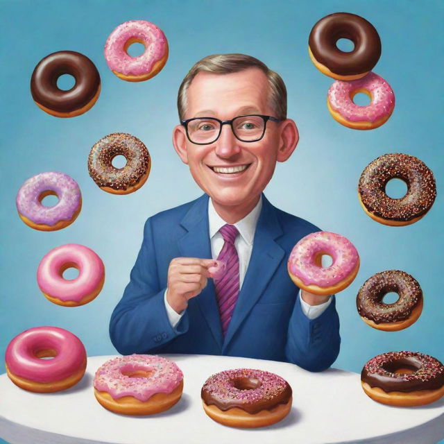 Whimsical illustration of Part three of 'The Chronicles of Donut Dave', showcasing Dave conducting business while progressively eating more donuts