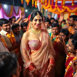 A beautiful Arab bride adorned in an exquisite transparent saree that elegantly showcases her strapless bikini and highlights her big cleavage