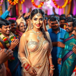A beautiful Arab bride adorned in an exquisite transparent saree that elegantly showcases her strapless bikini and highlights her big cleavage