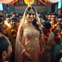 A beautiful Arab bride adorned in an exquisite transparent saree that elegantly showcases her strapless bikini and highlights her big cleavage