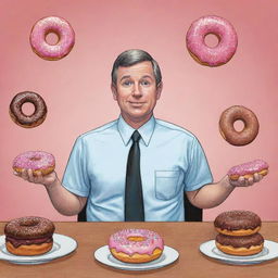 Whimsical illustration of Part three of 'The Chronicles of Donut Dave', showcasing Dave conducting business while progressively eating more donuts