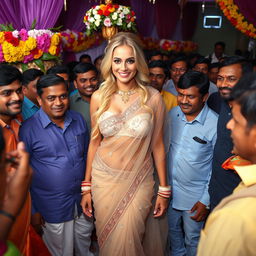 A busty blonde bride dressed in a stunning transparent saree that elegantly showcases her strapless bikini and accentuates her big cleavage
