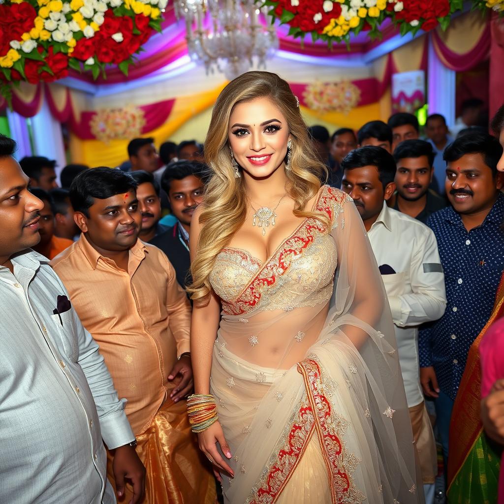 A busty blonde bride dressed in a stunning transparent saree that elegantly showcases her strapless bikini and accentuates her big cleavage