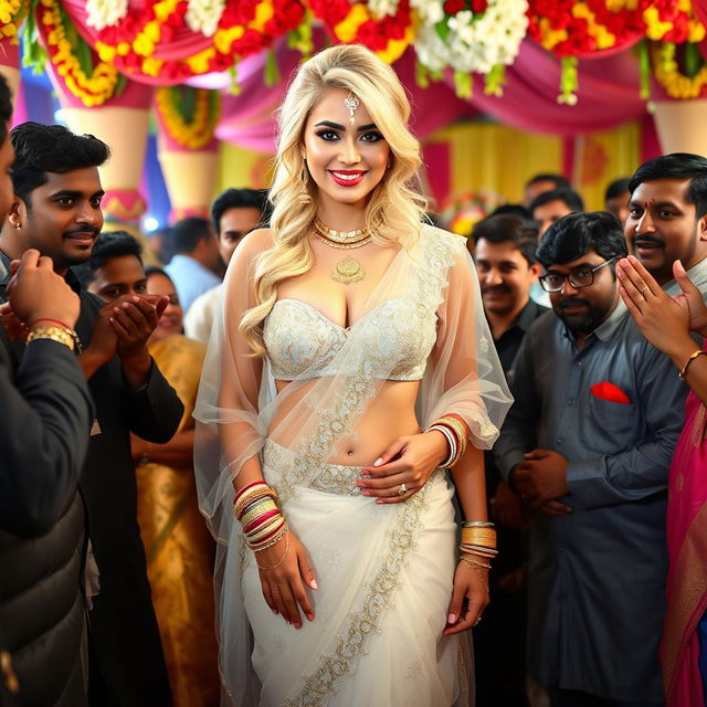 A busty blonde bride dressed in a stunning transparent saree that elegantly showcases her strapless bikini and accentuates her big cleavage