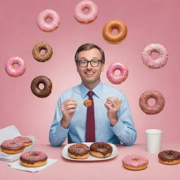 Whimsical illustration of Part three of 'The Chronicles of Donut Dave', showcasing Dave conducting business while progressively eating more donuts