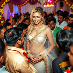 A busty blonde bride dressed in a stunning transparent saree that elegantly showcases her strapless bikini and accentuates her big cleavage