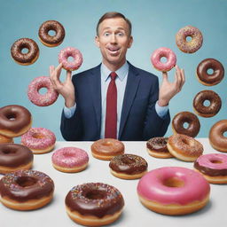 Whimsical illustration of Part three of 'The Chronicles of Donut Dave', showcasing Dave conducting business while progressively eating more donuts