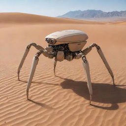 Desert-colored robotic vehicle designed with six spider-like legs.