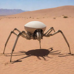 Desert-colored robotic vehicle designed with six spider-like legs.