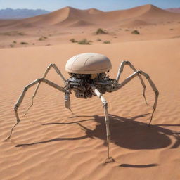 Desert-colored robotic vehicle designed with six spider-like legs.