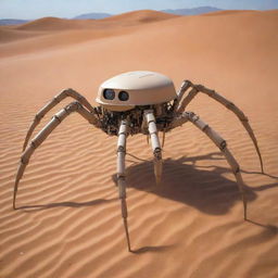 Desert-colored robotic vehicle designed with six spider-like legs.