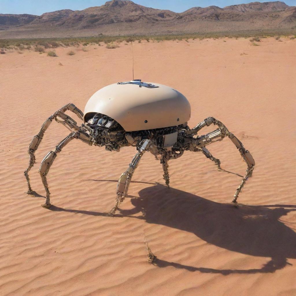 A desert-colored vehicle designed with eight robotic, spider-like legs.