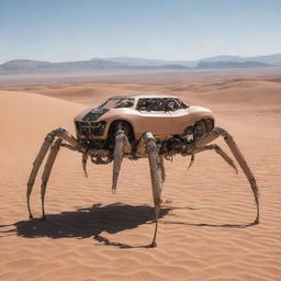 A desert-colored vehicle designed with eight robotic, spider-like legs.