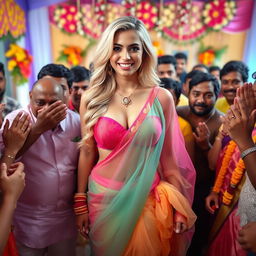 A busty blonde bride wearing a colorful transparent saree that beautifully complements her strapless bikini and accentuates her big breast cleavage