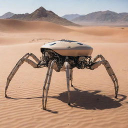 A desert-colored vehicle designed with eight robotic, spider-like legs.