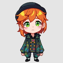 A ginger-haired boy, 16 years old, with a black top hat covering half of his head and bright green eyes
